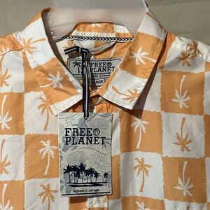 NWT Free Planet Shirt‎ Mens XL Orange White Palm Trees Short Sleeve Button Up